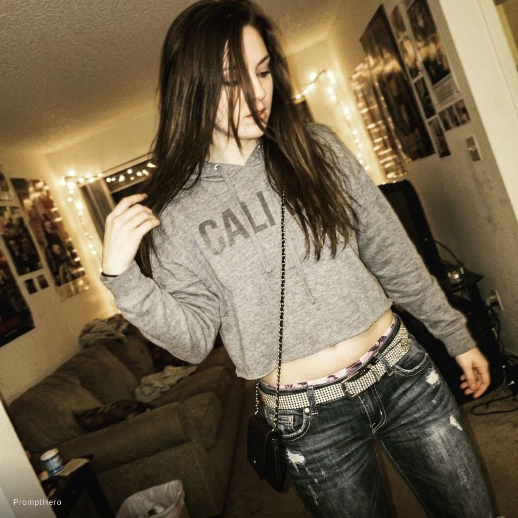 AI generated: a lo-fi 2015s-era, diagonally taken, low-quality iPhone photo of a 20-year-old baddie. The shot is i...