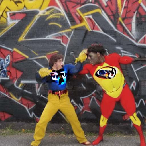 AI generated: a blackman in a red and yellow superhero suit  fighting a white man in a dog superhero suit, in fron...