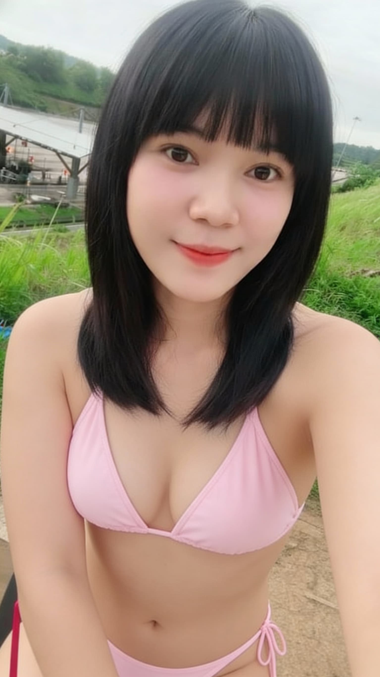 AI generated: make her wear a nice light pink bikini