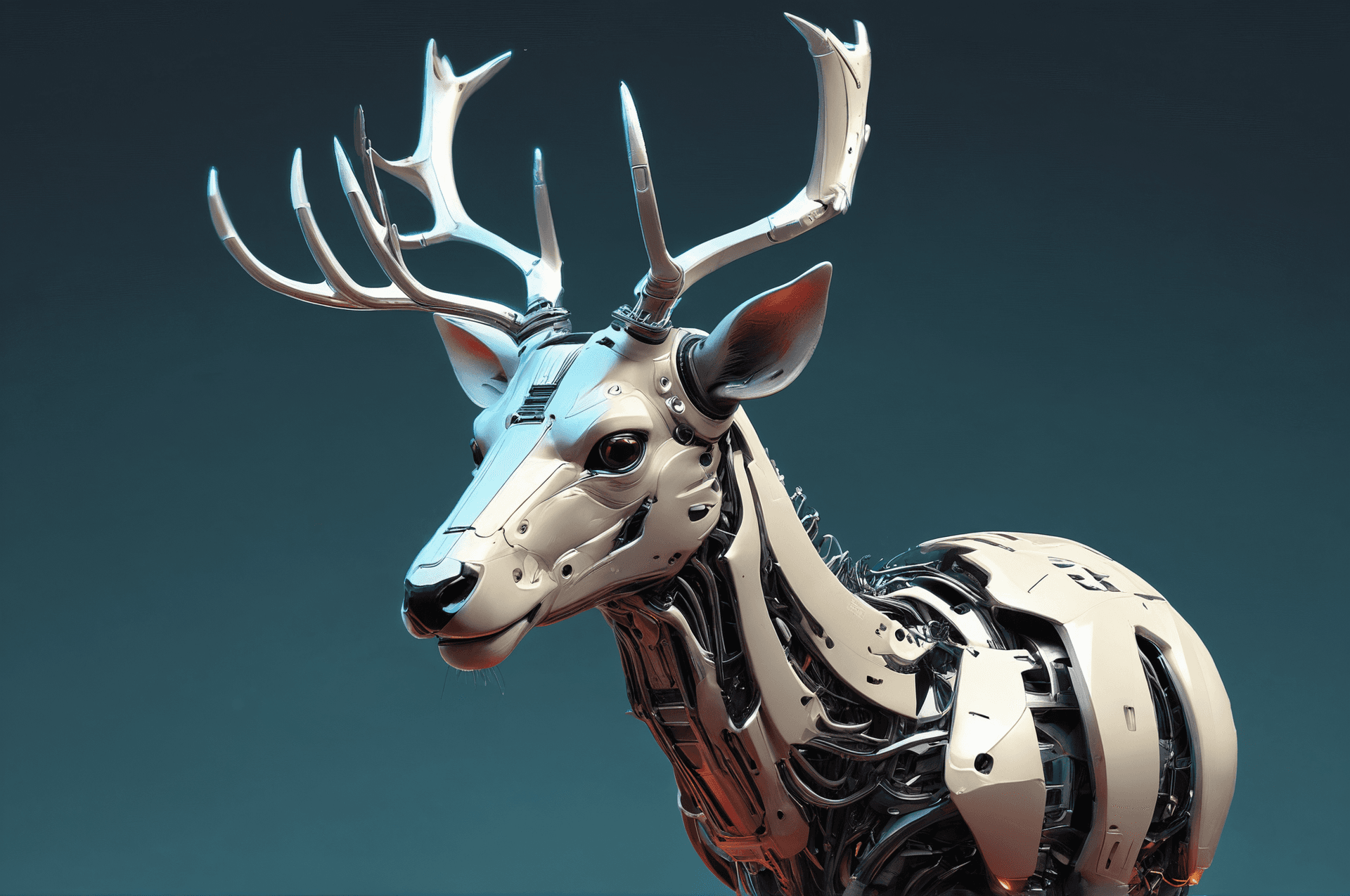 AI generated: sci-fi, digital art, robotic head of a Deer, wearing cybernetics, its cybernetics rolled up sleeves,...
