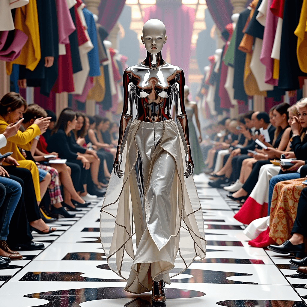 AI generated: A surreal fashion model made of liquid chrome and shattered porcelain, walking a runway in a maximal...
