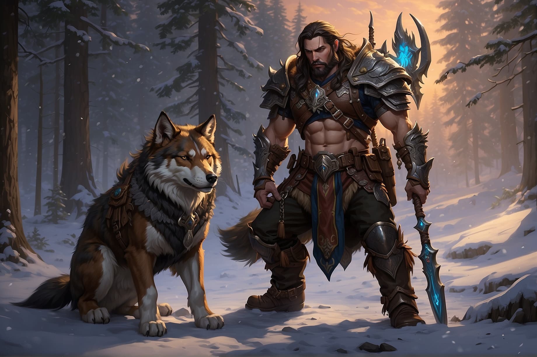 AI generated: In a breathtakingly detailed oil painting, a majestic World of Warcraft night elf Hunter and his loy...