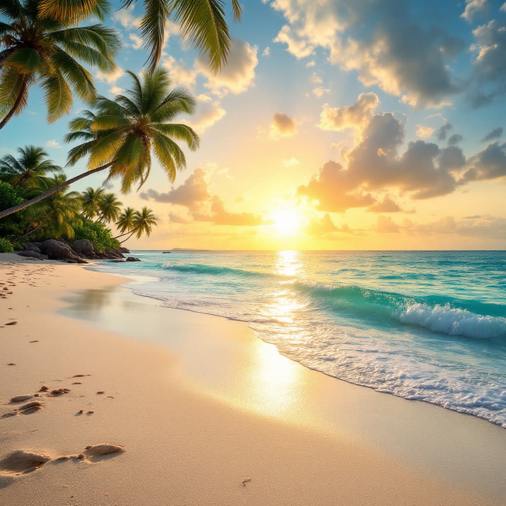 AI generated: Tropical beach at sunset, with palm trees and sparkling turquoise water”