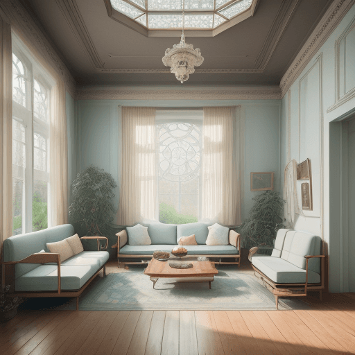 AI generated: High resolution photography interior design, dreamy sunken living room conversation pit, wooden floo...