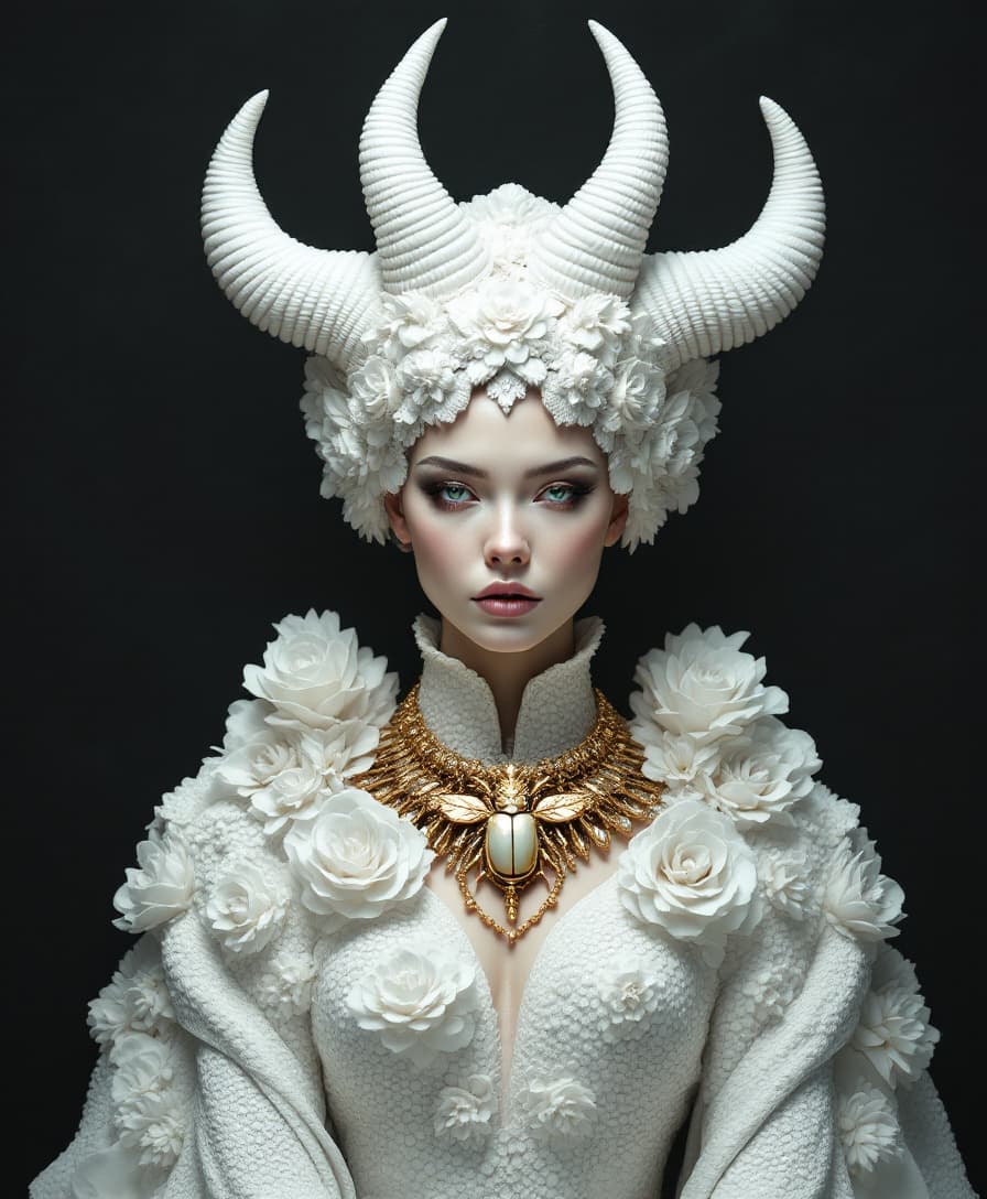 AI generated: This image features an ornate portrait in a contemporary, surreal art style. The composition is cent...