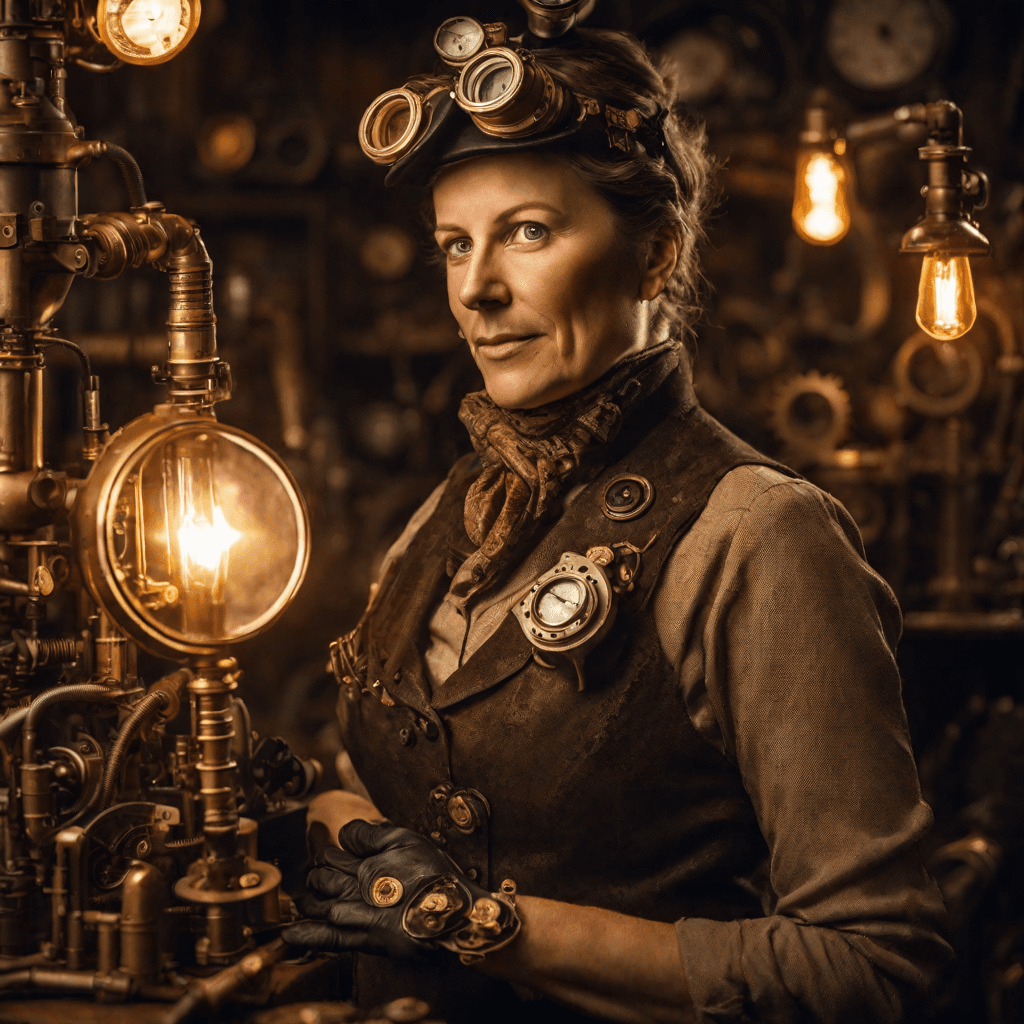 AI generated: A brilliant 40-year-old steampunk inventor, adorned in intricate mechanical attire and goggles, exud...