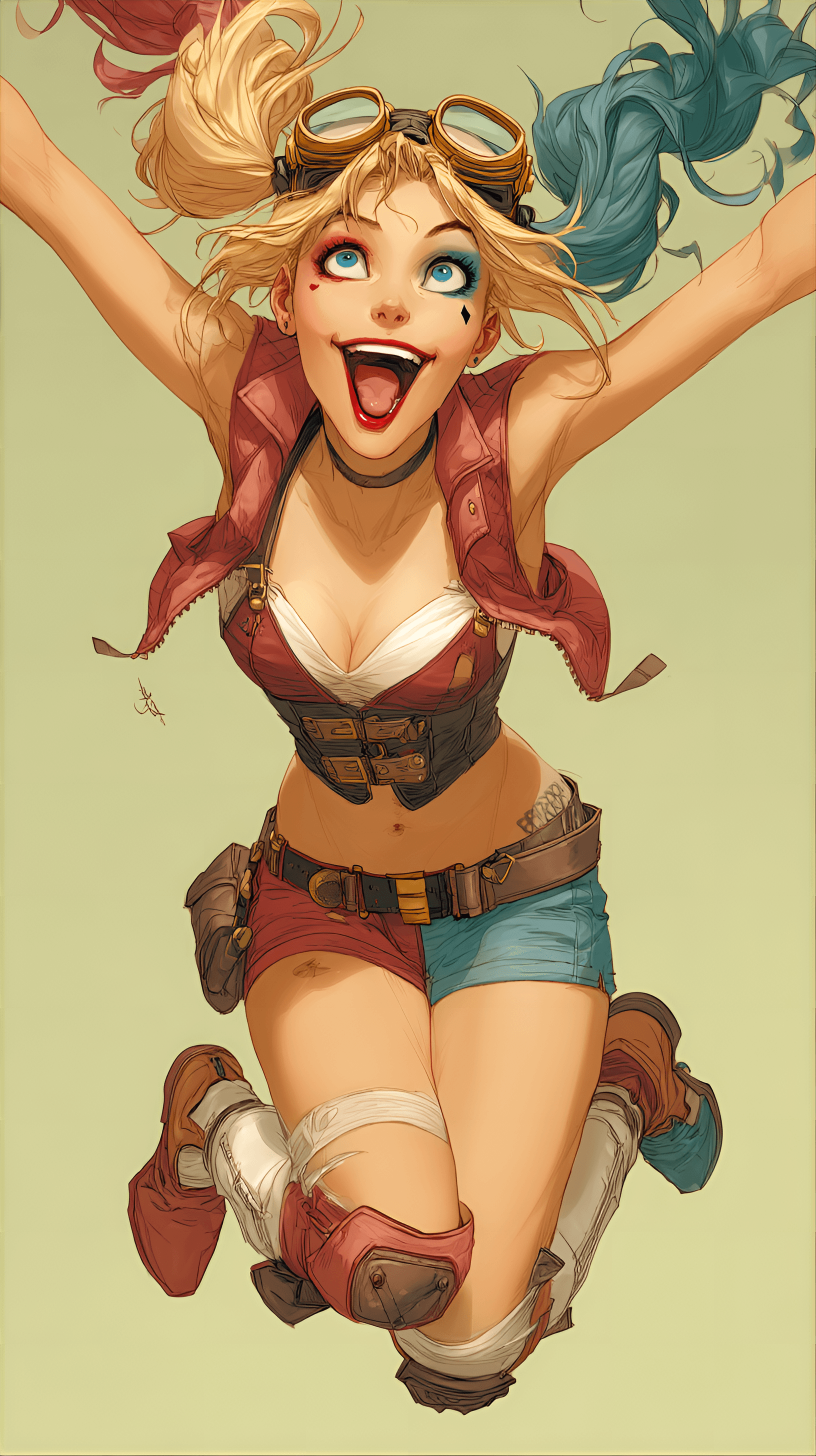AI generated: vibrant, stylized illustration of Harley Quinn, the main subject, is depicted jumping with joy, cent...