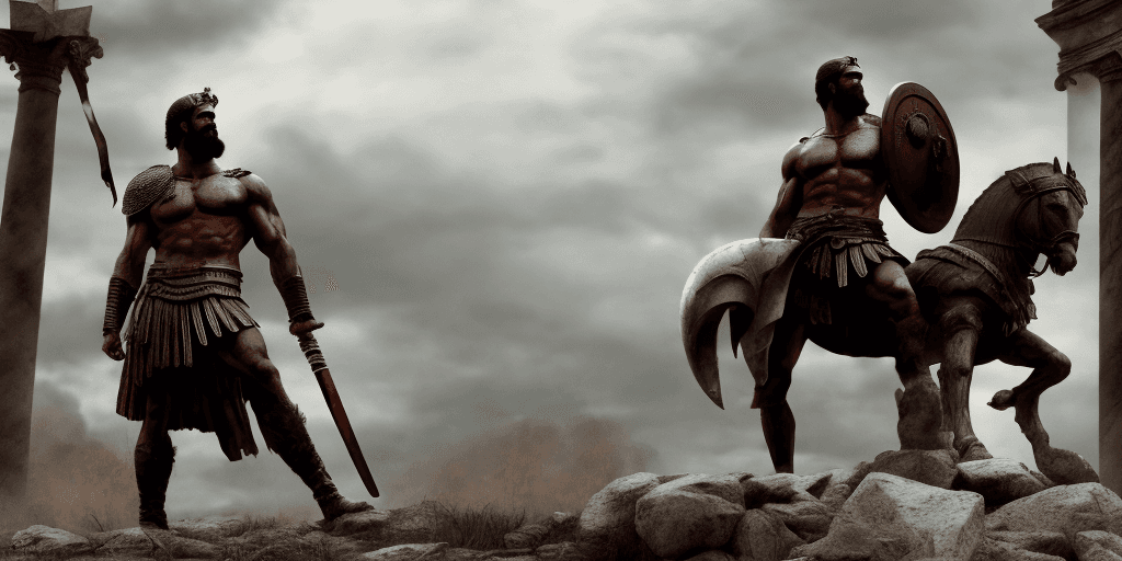 AI generated: Leonidas 1 the king of Sparta, a great warrior, stands after the battle, looking into the distance, ...