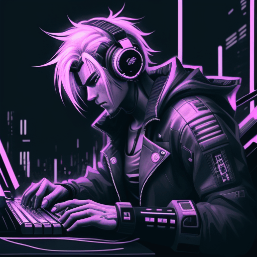 AI generated: Cyberpunk style male, typing on keyboard, wearing headphones, looking towards viewer, active pose, a...