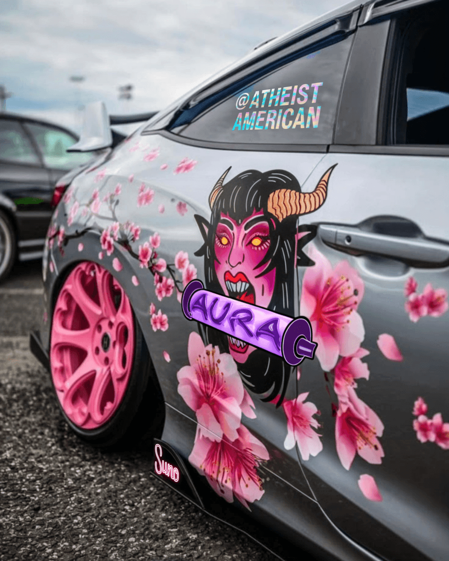 AI generated: a vividly designed intricately illustrated attractive feminine demon face in shades of pink and blac...