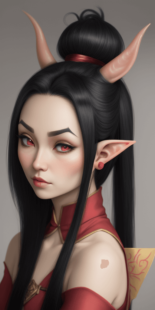 AI generated: PastelGothAI, elf, pointy ears, black hair with red strands