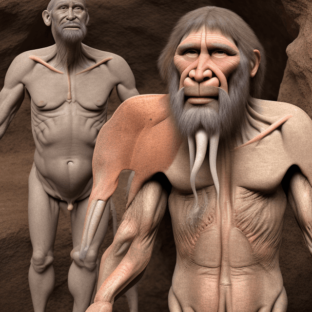 AI generated: the whole body of both an old prehistoric caveman standing in a prehistoric cave, talking, side view...