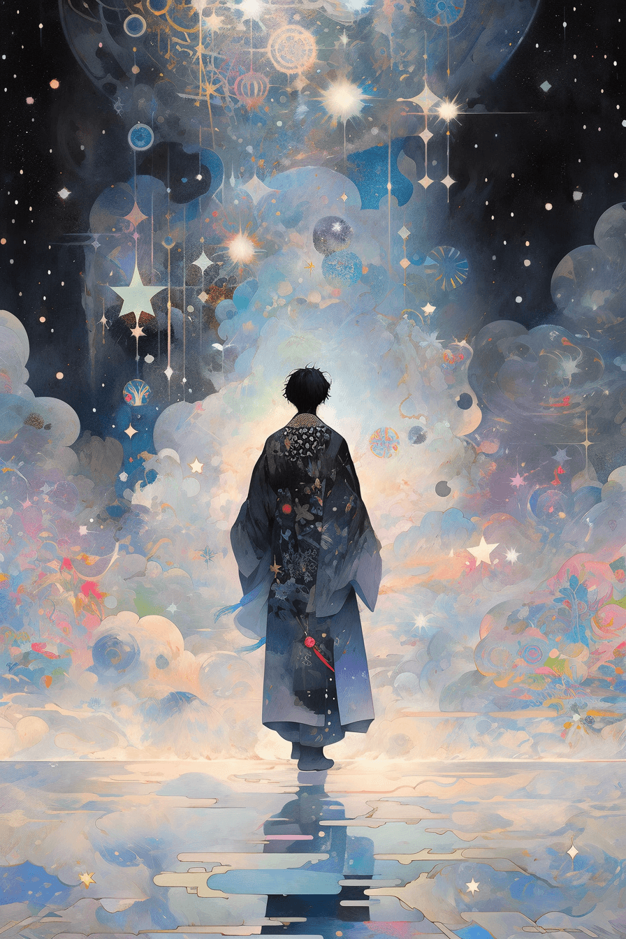 AI generated: Back view, a mystical anime warrior dissolving into ethereal, shimmering mist, iridescent cosmic pai...