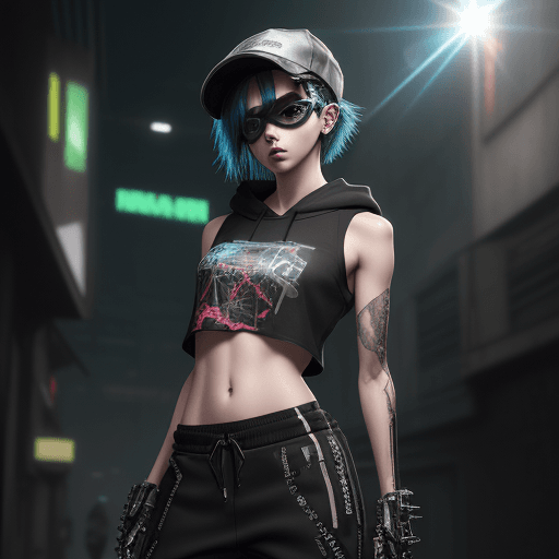 AI generated: biomechanical cyberpunk beautiful young, thin, fit, short messy hair, intrincate details, baggy pant...