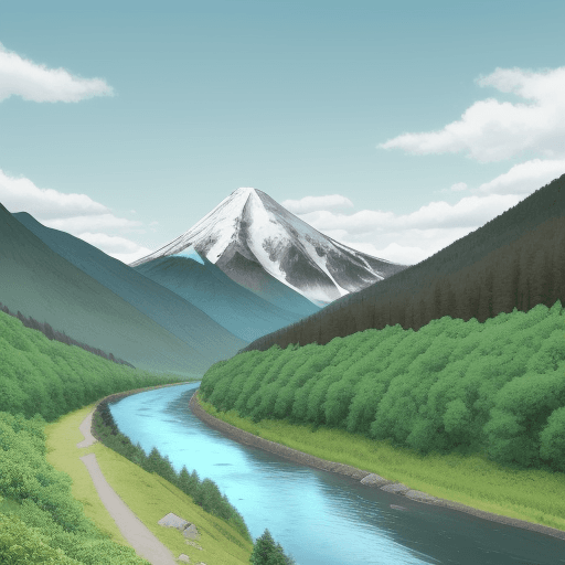 AI generated: Mountain with white cloud flow in the middle, green trees on the mountain. Bottom a river pass by. B...
