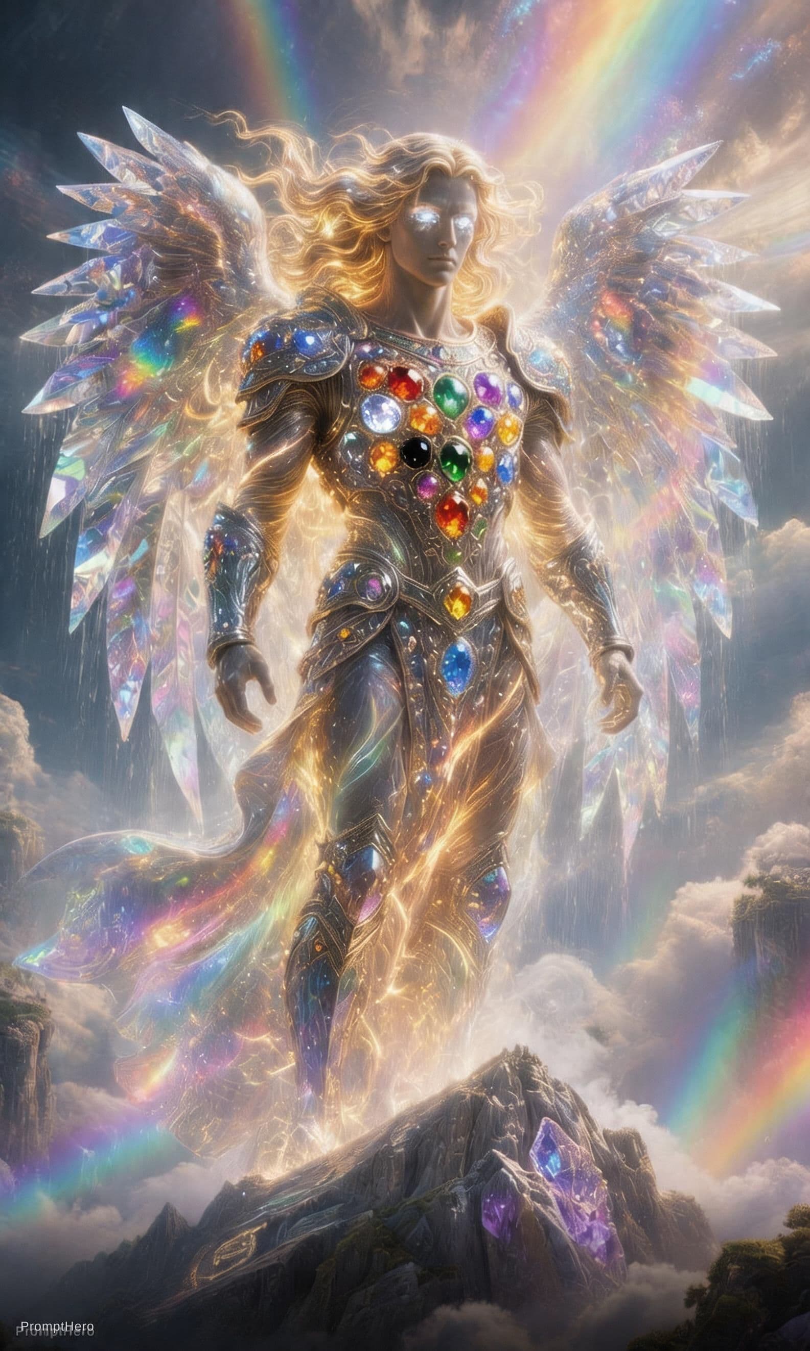 AI generated: A stunningly handsome and realistic male angel stands in heavenly glory, radiating intense golden an...