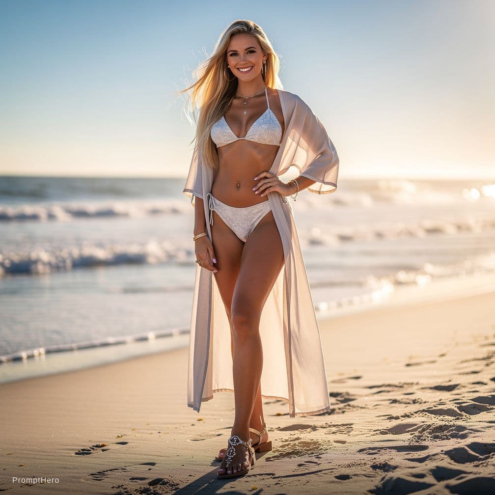 AI generated: Livvy Dunne standing on a beach oiled up wearing a micro bikini smiling sweetly