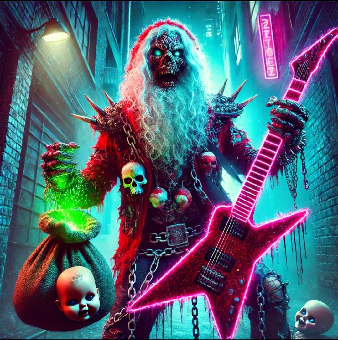 AI generated: A gritty, neon-lit urban alley at night, with a heavy metal zombie Santa Claus front and center. He’...