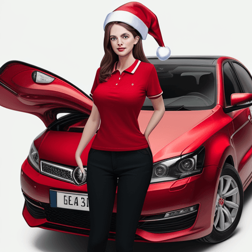 AI generated: woman with a Christmas hat and red polo shirt, on a white background and with a red car behind