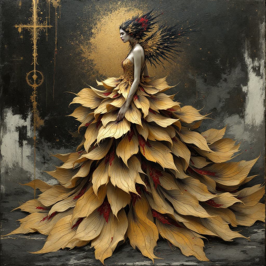 AI generated: an abstract painting of a woman with a little  lack raven in a dress with voluminous gold petals and...