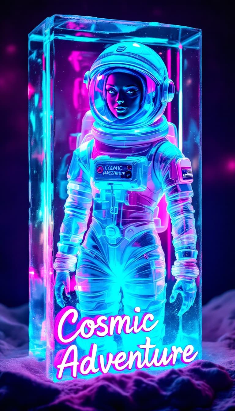 AI generated: Design a card featuring an ice sculpture of a Retro Astronaut, her transparent figure shimmering pla...