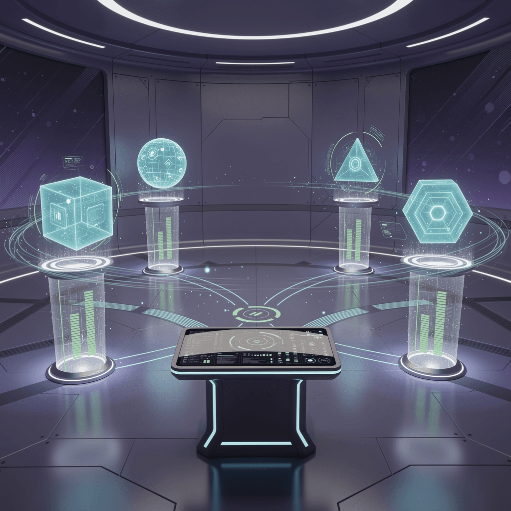 AI generated: futuristic IoT monitoring station, circular room with floating holographic device 
displays, deep pu...