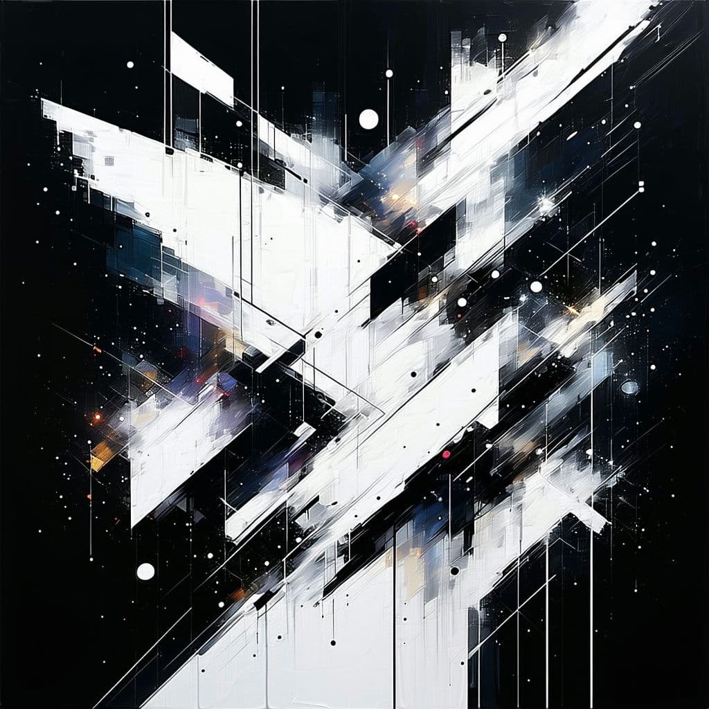 AI generated: black and white, rough random shapes, sleek, energetic, explosive, electronic music