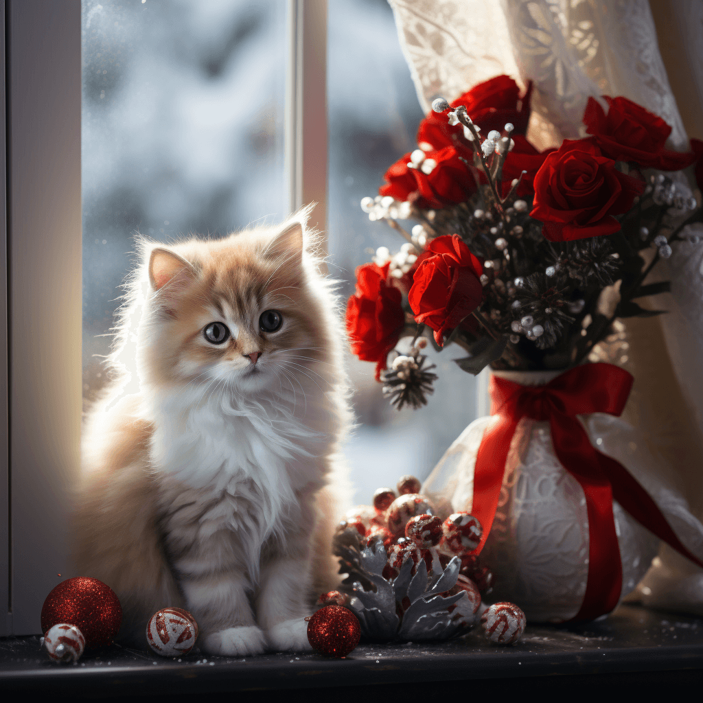AI generated: beautiful christmas decorated window, on the windowsill is a beautiful christmas bouquet in bowl, ne...