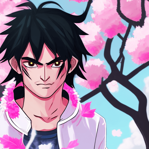 AI generated: Create from a profile view a character of a young man with messy black hair, wearing a pink oni mask...