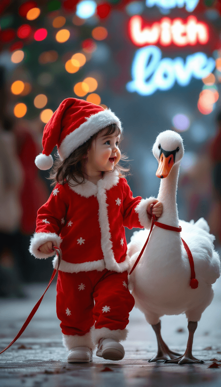AI generated: A baby girl dressed in santa claus pajamas leads a pet manga swan on a leash while walking at a Merr...
