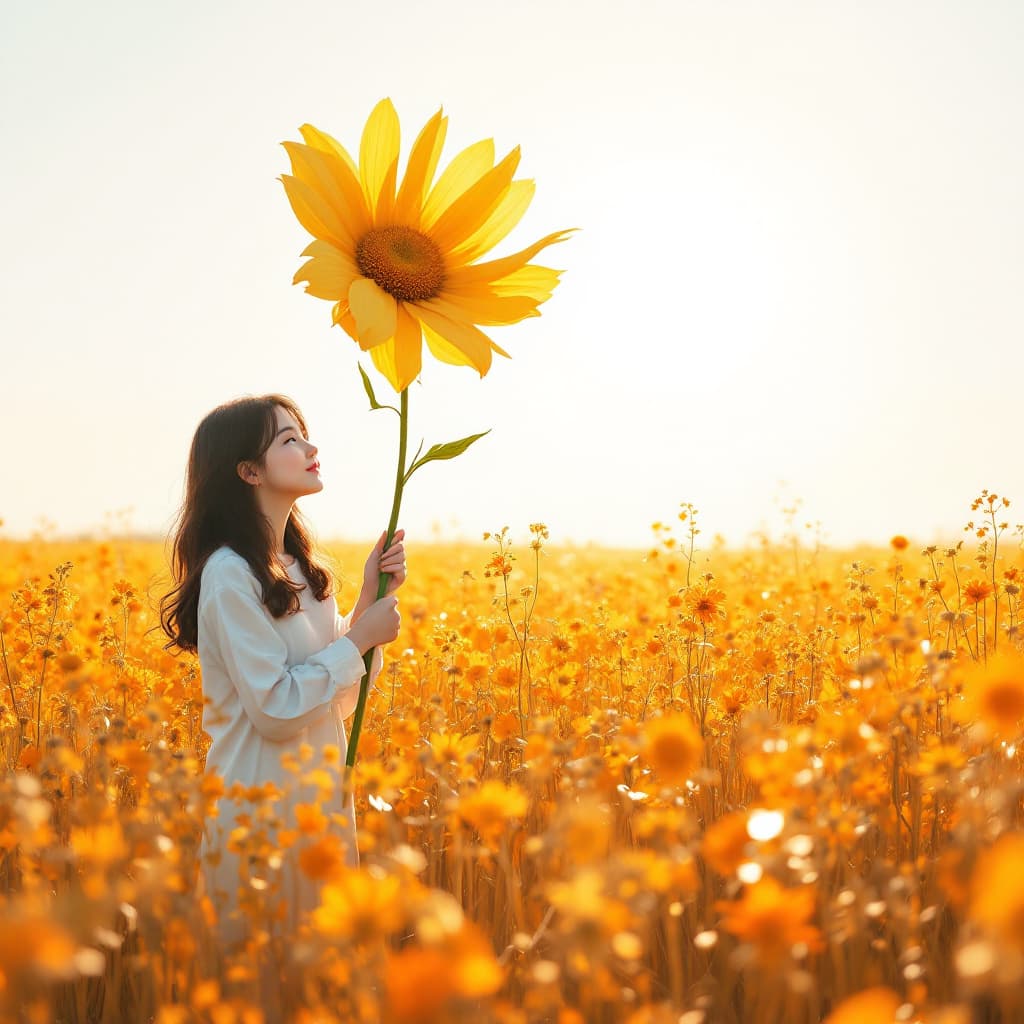 AI generated: A girl holding a huge flower, micro art, girl standing in the autumn field basking in the sun, autum...