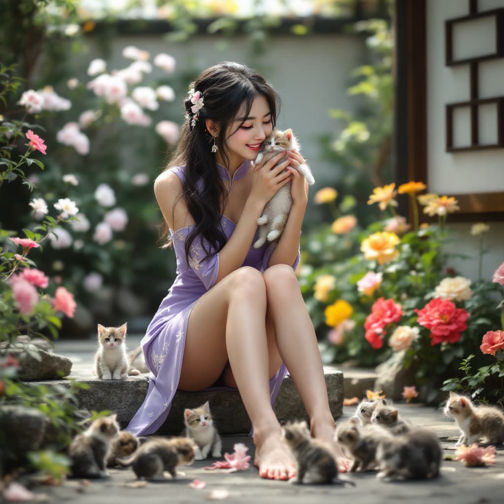 AI generated: full body view a dark haired korean girl dressed in an asian style, very short purple Cheongsam, lon...