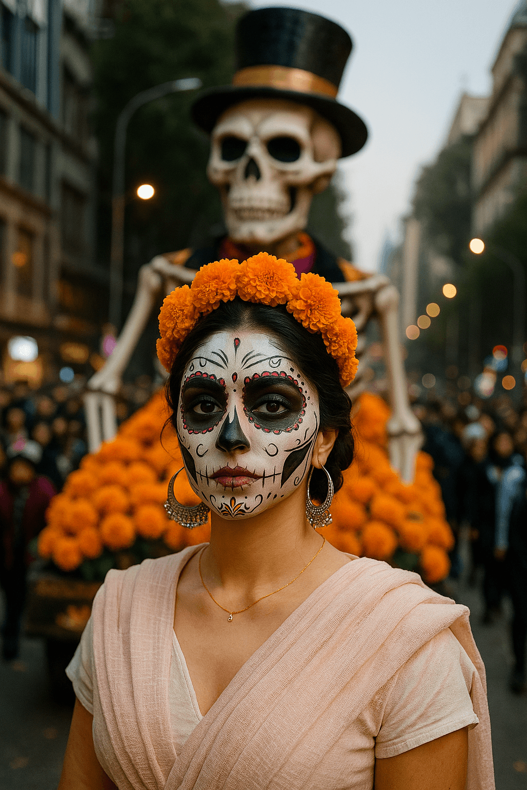 AI generated: use this image to generate a Dias de los Muertos Parade in Mexico City, high-resolution photography,...