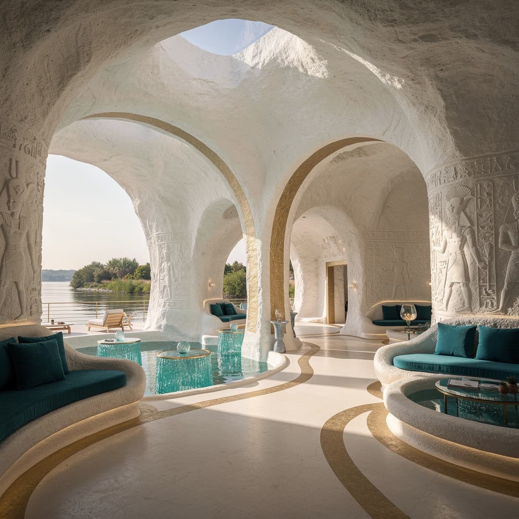 AI generated: An interior 
 luxurious hotel carved inside a white mountain, located on the banks of the Nile River...