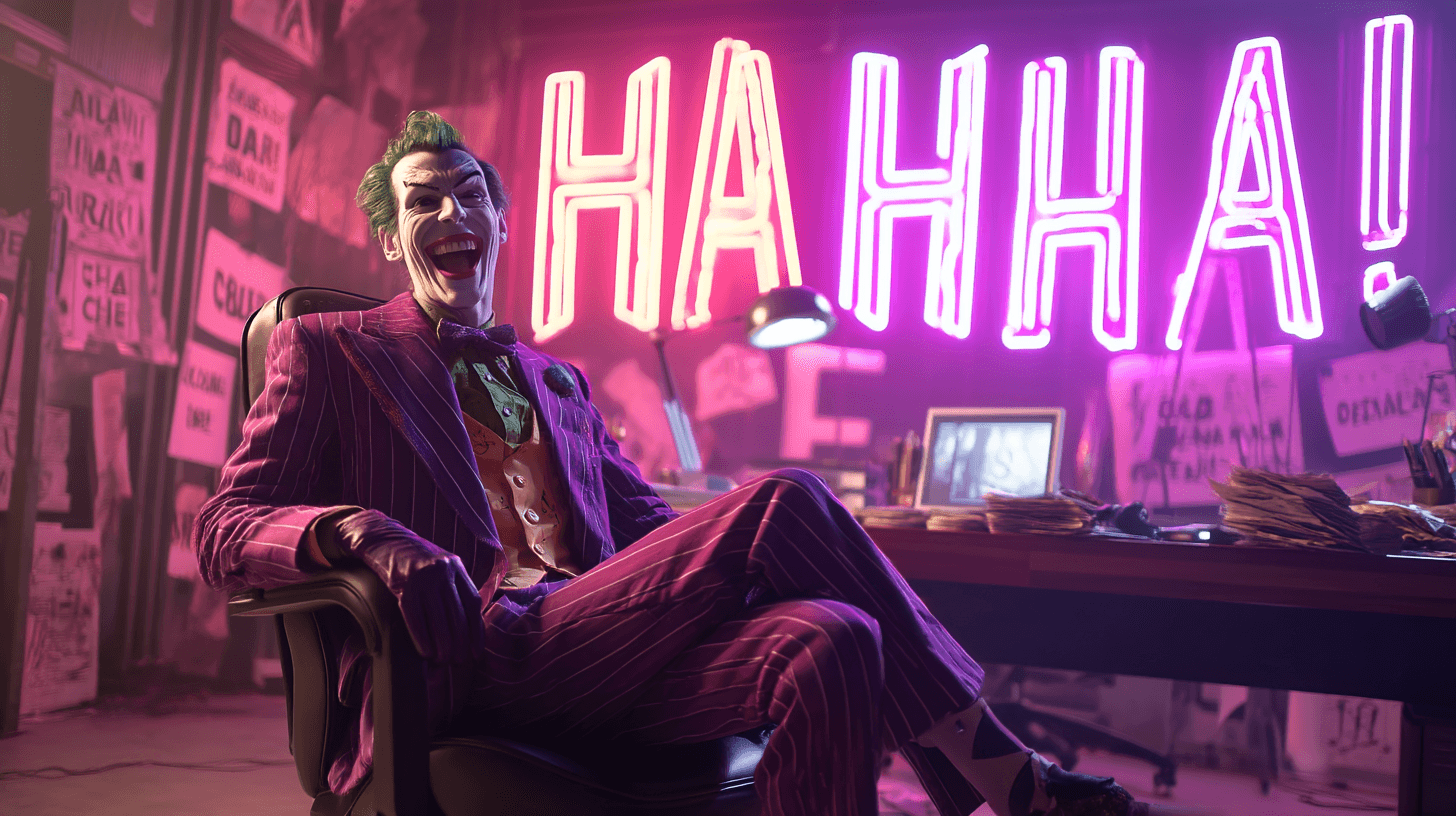 AI generated: The Joker, a male adult with Caucasian features, is depicted in a dimly lit, stylized office setting...