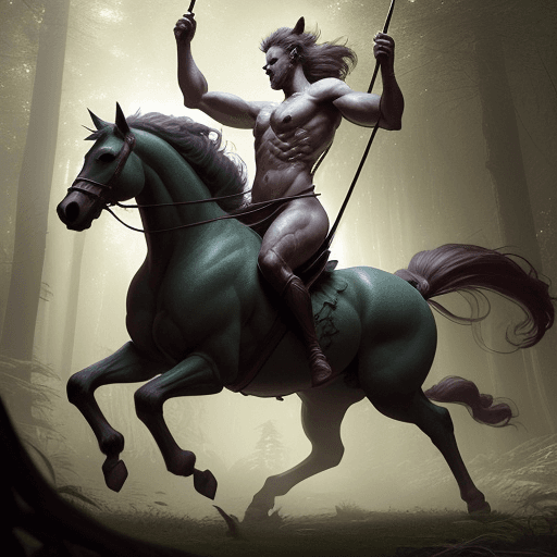 AI generated: a centaur warrior, human torso on a horse body, galloping through the forest, digital art, fantasy a...