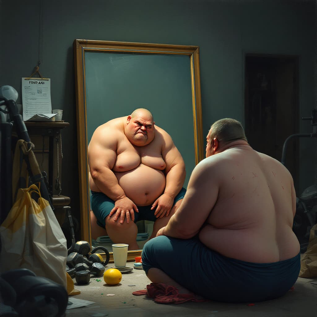 AI generated: "A frustrated, overweight person sitting in front of a mirror, looking at their body with disappoint...
