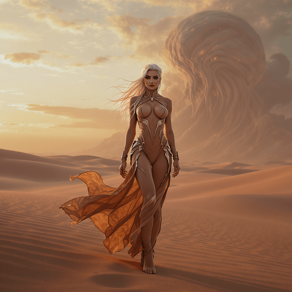 AI generated: a breathtaking digital artwork of a full body view of striking female figure standing in a vast dese...