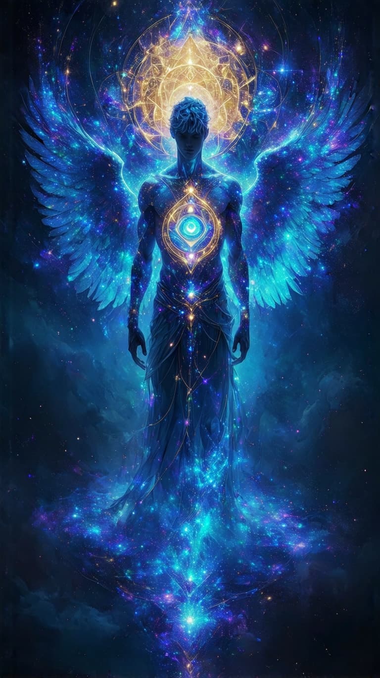 AI generated: A luminous, divine figure floats at the center of an infinite cosmic mandala, their form seamlessly ...