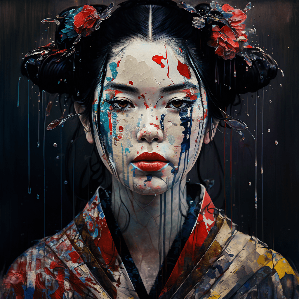 AI generated: wet paint, portrait of Japanese black-haired geisha, with a depressed look, In a flowered kimono, wi...