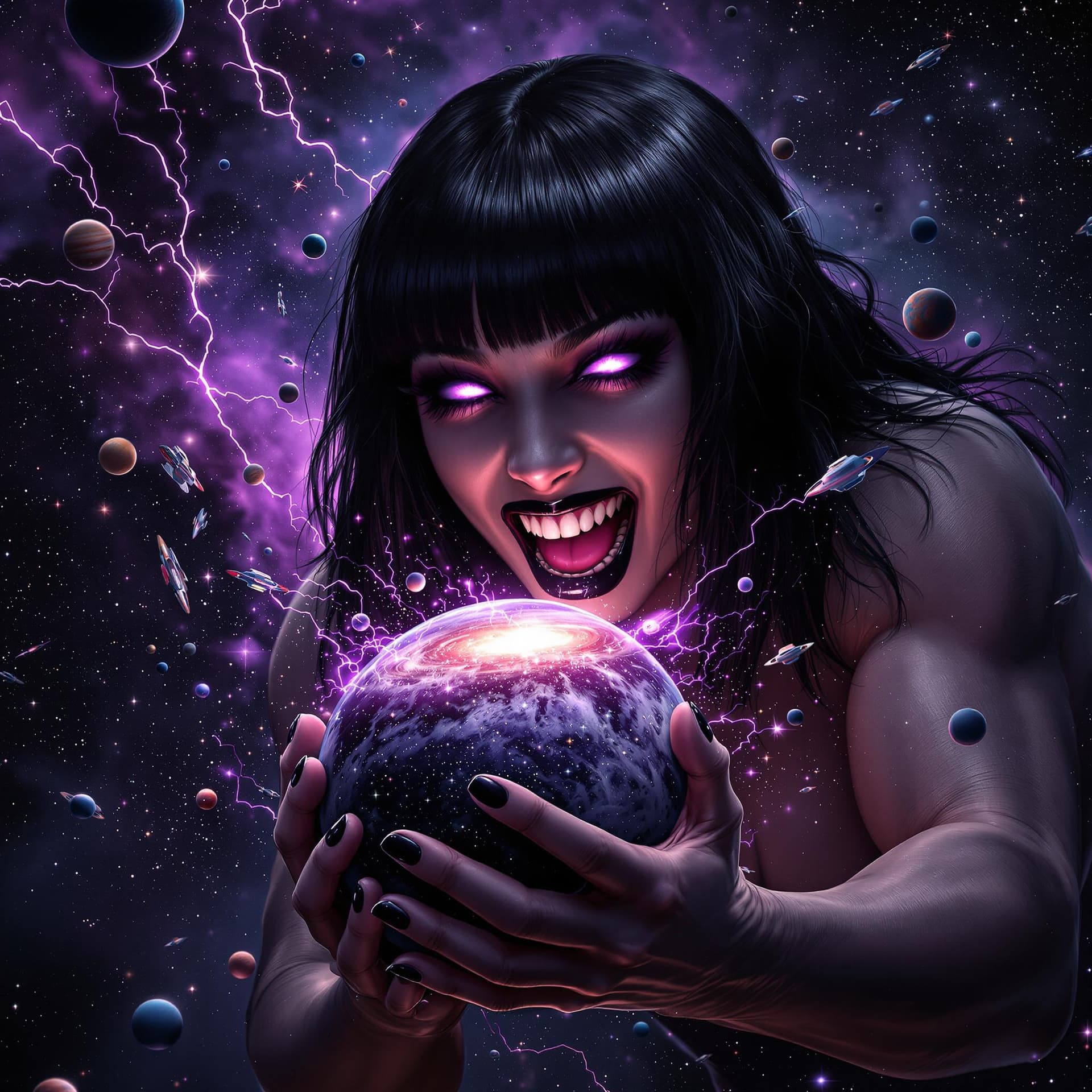 AI generated: enormous giantess female who looks like WWE superstar 
 Rhea Ripley with black medium length hair wi...