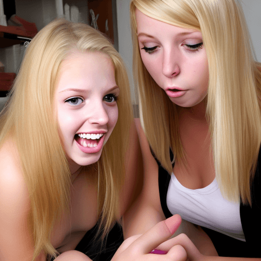 AI generated: blonde teen girl with a big dick next to her face comparing it to her face