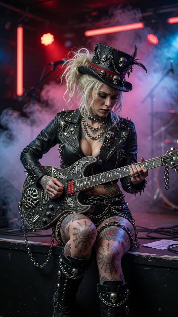 AI generated: A stunning ultra-realistic photograph of a fierce, tattooed female rockstar sitting on a dimly lit m...