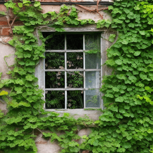 AI generated: cottage window, outside garden courtyard with vines and ivy growing up the wall, beautiful roses, fl...