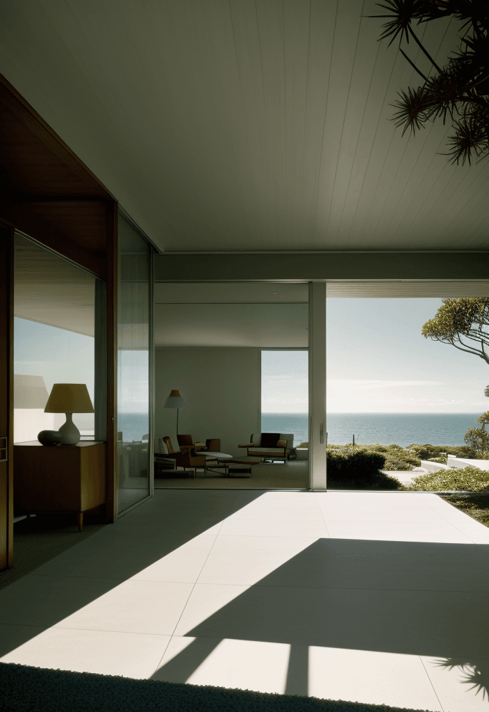 AI generated: Hyper realistic eye level exterior photo of a mid century modern style house overlooking the ocean, ...