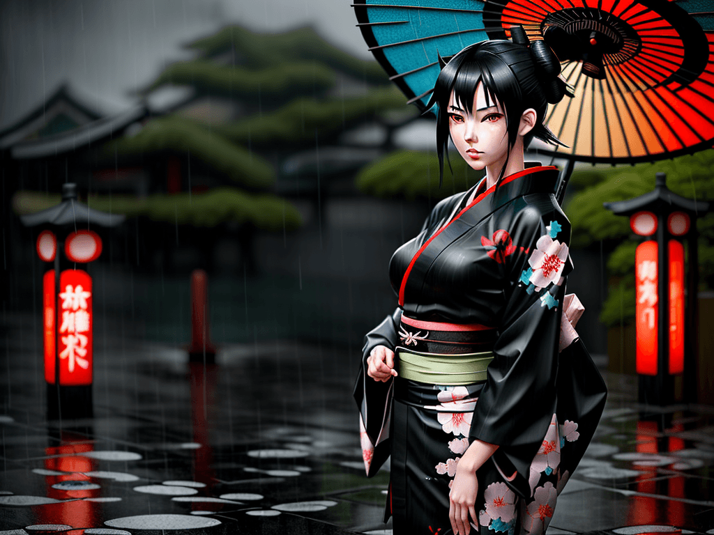 AI generated: Anime girl-kunoichi in a kimono with black hair, standing in the rain in the style of guweiz, Akali