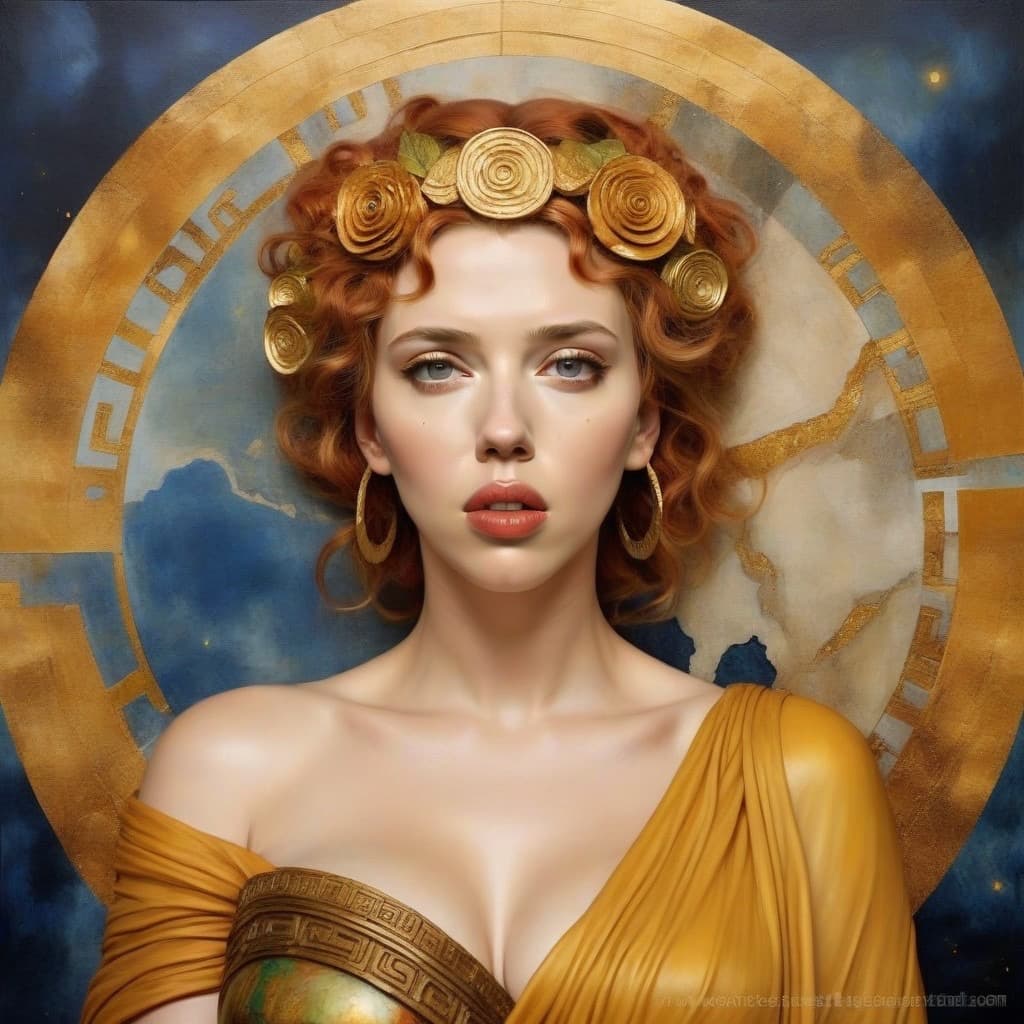 AI generated: Portrait Scarlett Johansson as Goddess of earth (Greek Roman mythology: Demeter), style of Klimt, 