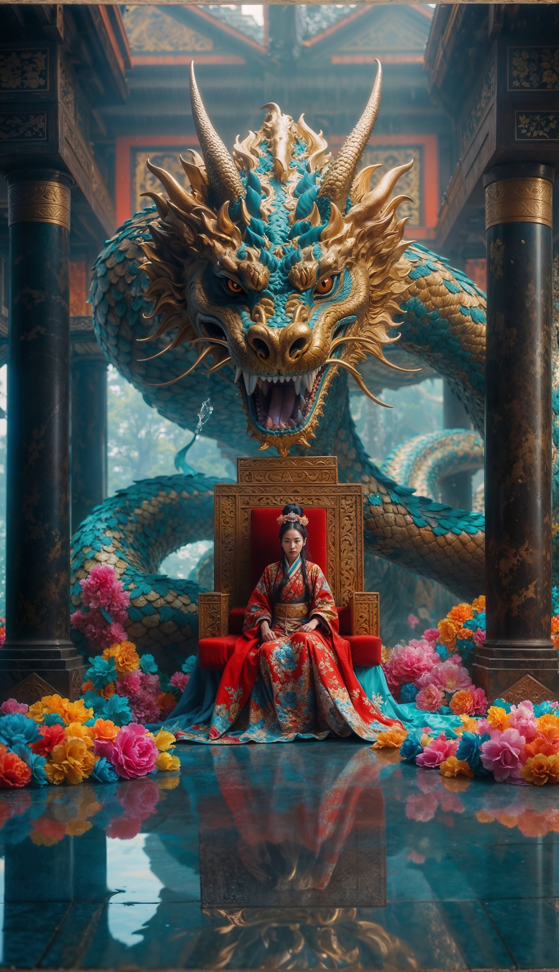 AI generated: showcase the magnificence of Orochi, colorful masterpiece, 1 lady, extremely detailed dragon, luxury...