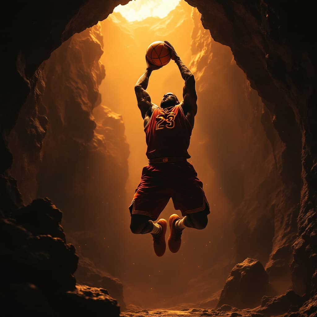 AI generated: Lebron james dunking in a cave incredibly lost and screaming, 8k, HD, nanites, volumetric lighting, ...