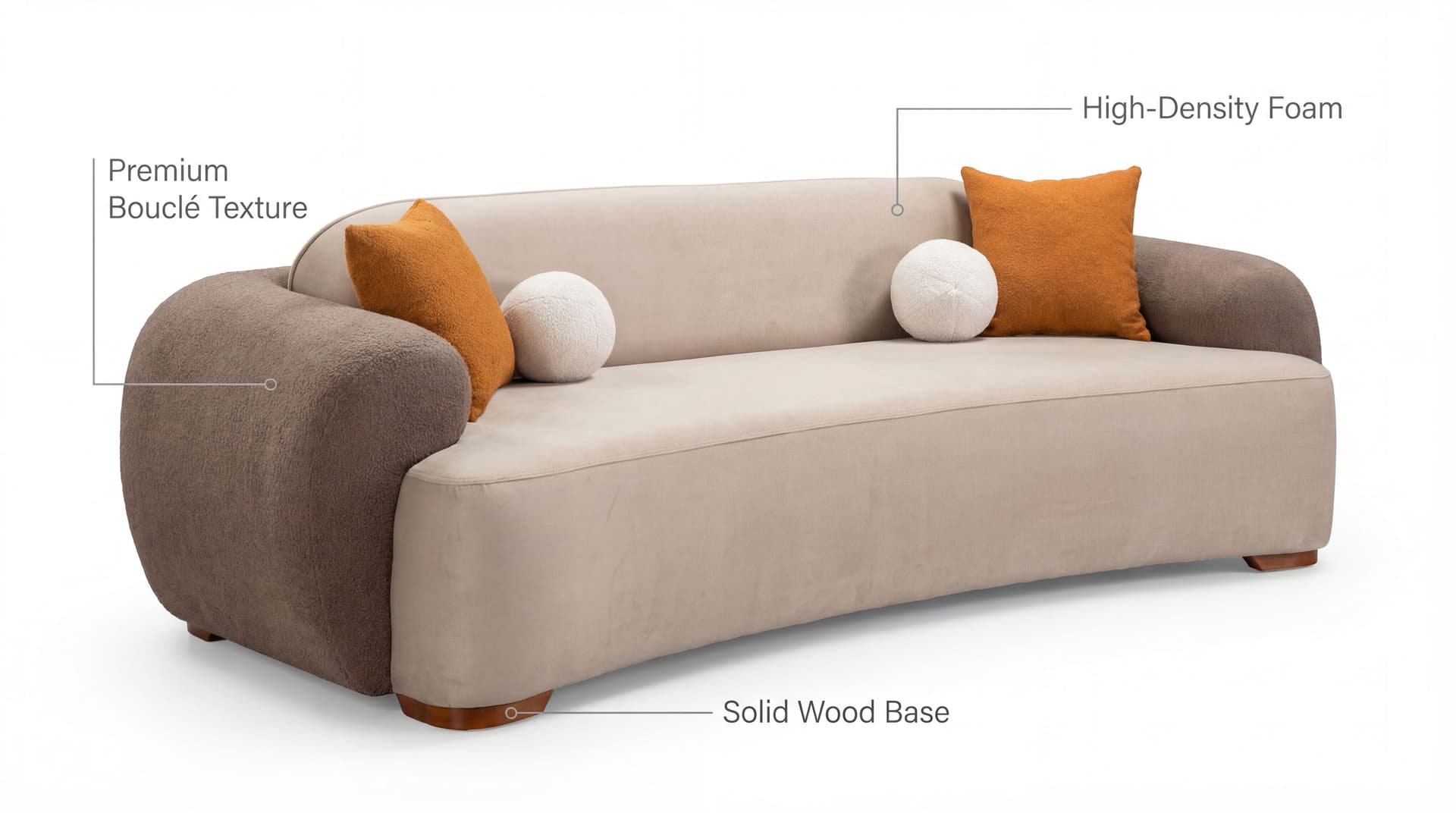 AI generated: A professional product design infographic of a modern curved organic-shaped sofa. The sofa features ...